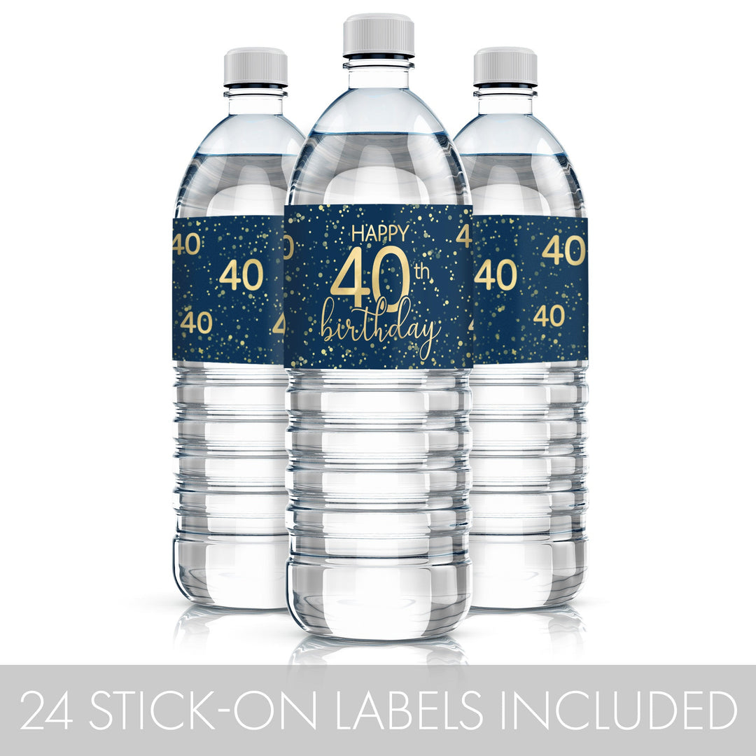 waterproof water bottle labels in navy blue with bold gold lettering that celebrates the milestone of an 40th birthday