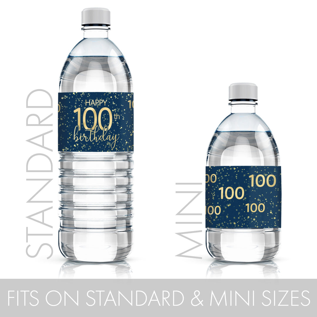 A detailed shot of a 100th birthday navy blue and gold label that is designed to fit standard or mini water bottles