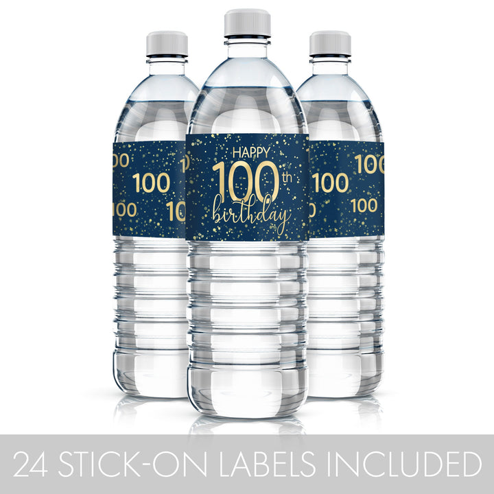 waterproof water bottle labels in navy blue with bold gold lettering that celebrates the milestone of an 100th birthday
