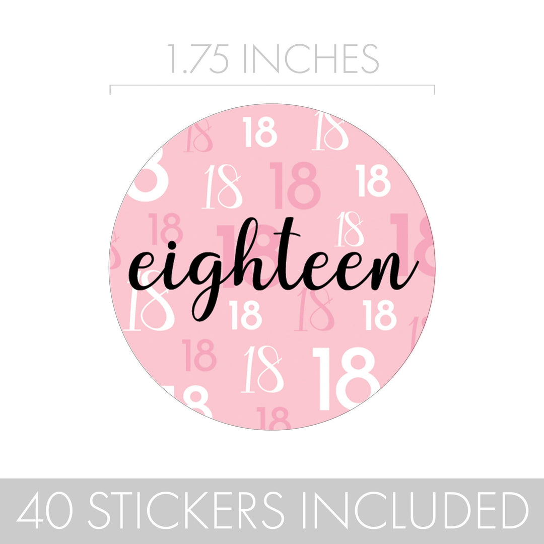 A pack of 1.75" stickers in pink, black, and white, ideal for sealing envelopes, labeling favor bags, or decorating glass jars and cookies.