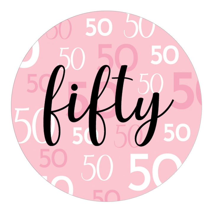 Pink and Black 50th Birthday Circle Stickers - Fifty
