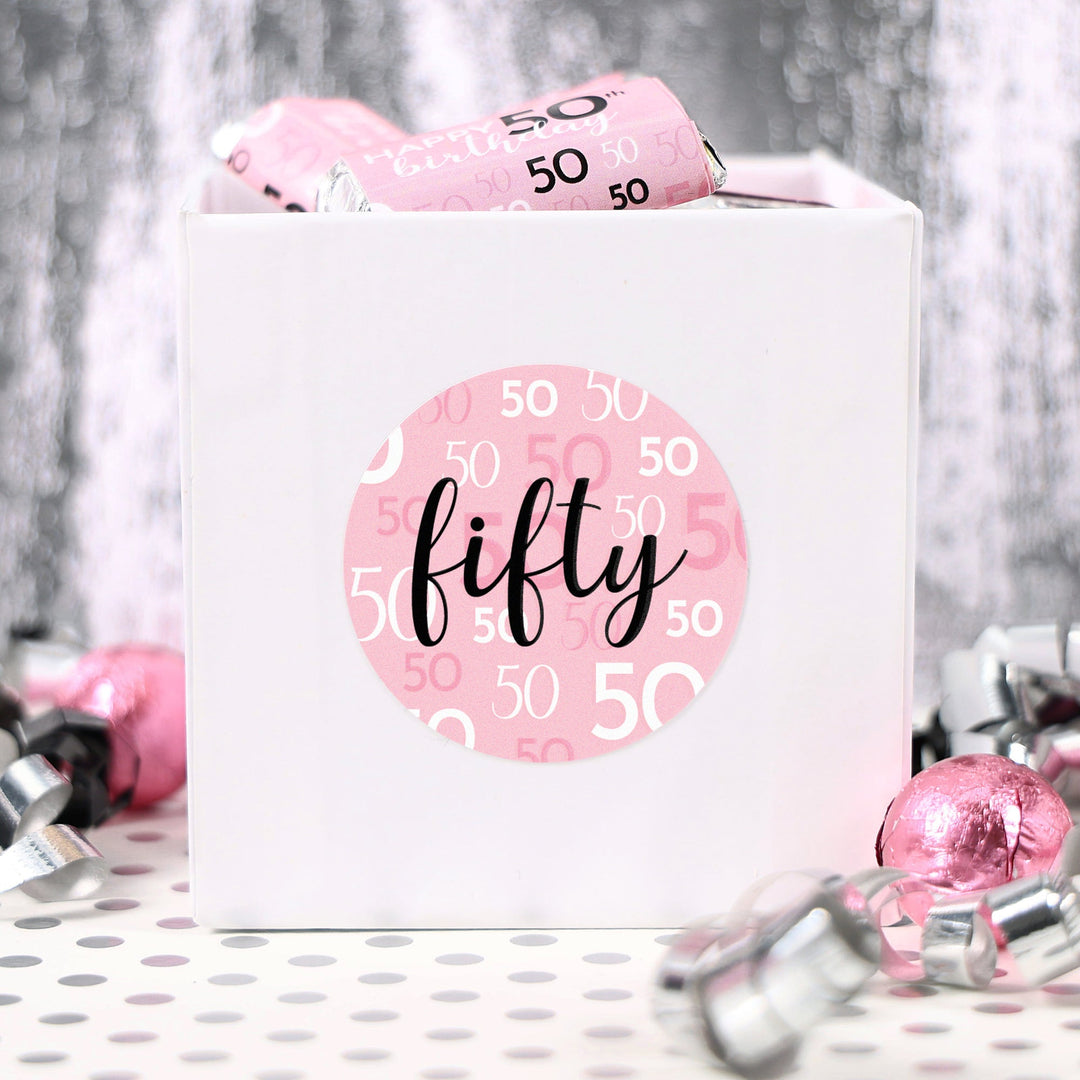 Pink, black, and white 50th birthday stickers featuring a chic and feminine design, perfect for party favors or decorating.