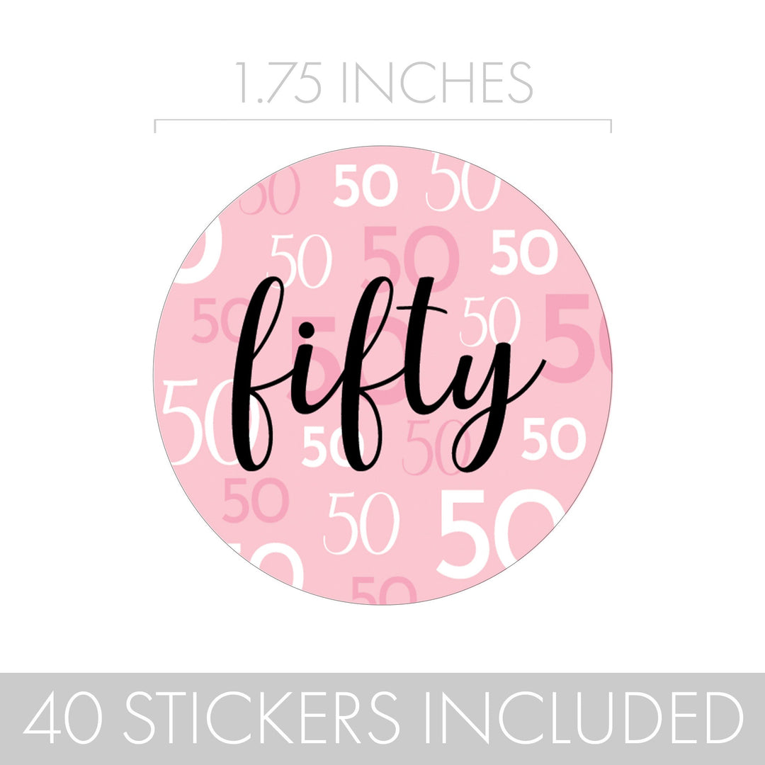 A pack of 1.75" stickers in pink, black, and white, ideal for sealing envelopes, labeling favor bags, or decorating glass jars and cookies.