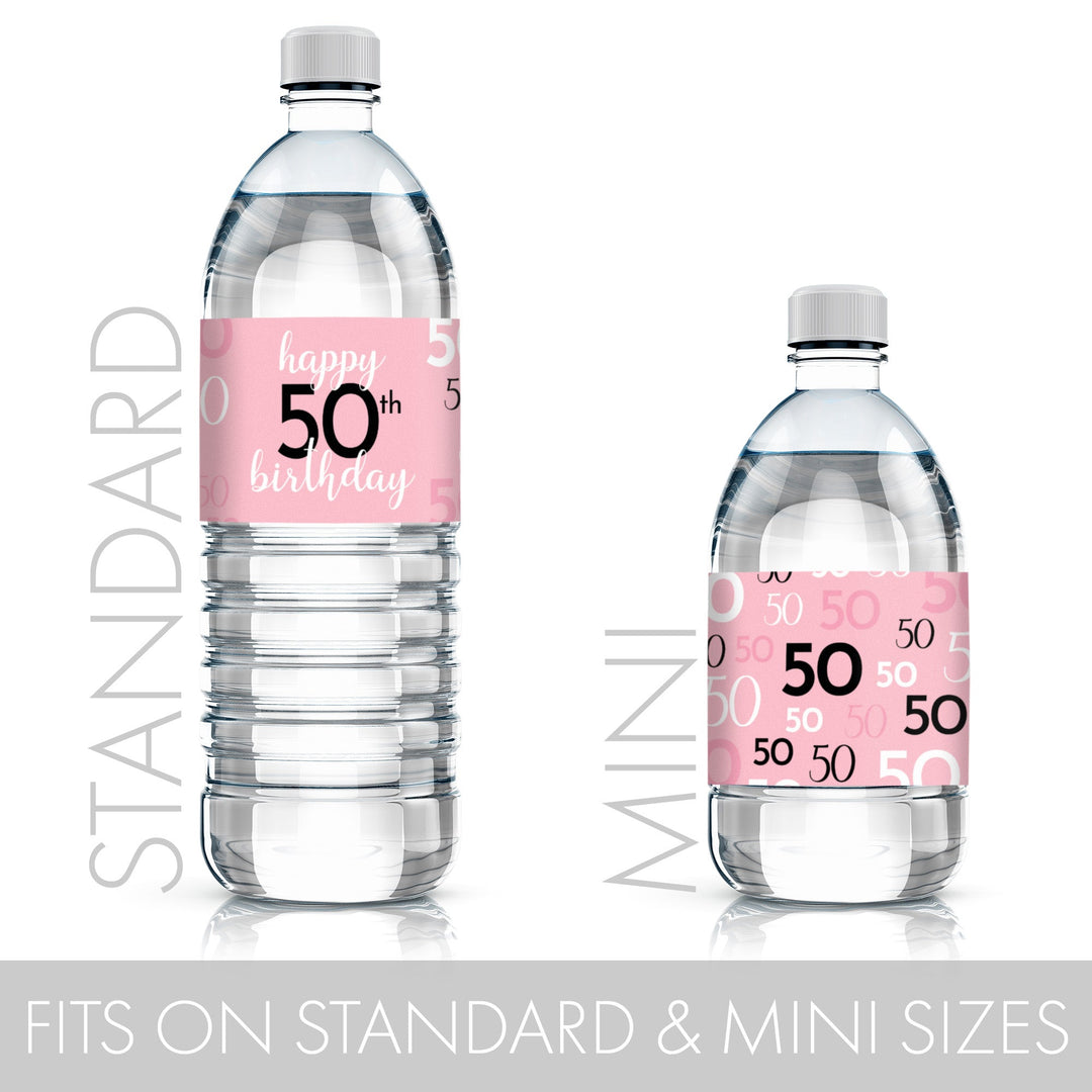 Celebrate in style with pink and black water bottle labels for your 50th birthday