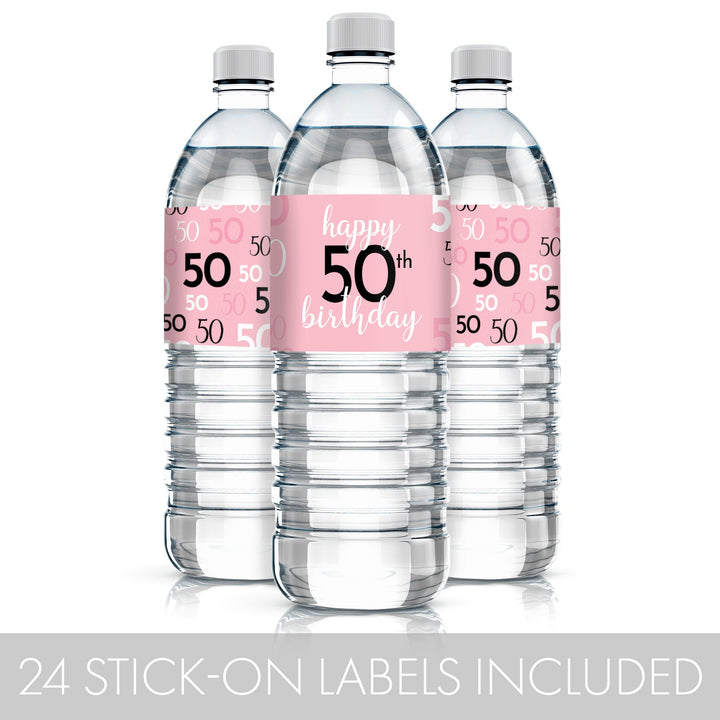 Eye-catching 50th birthday water bottle labels in pink and black with easy peel-and-stick application