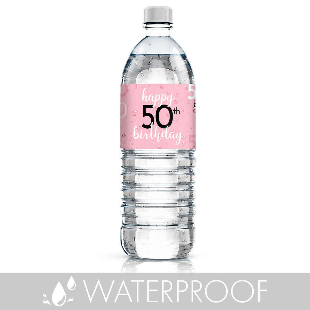 Personalize your water bottles with waterproof labels in a stylish 50th pink and black design