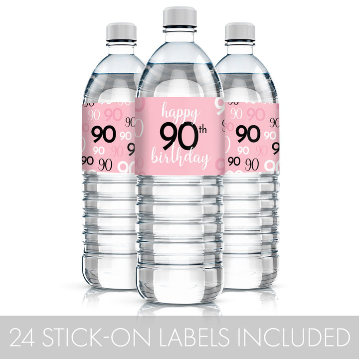 Eye-catching 90th birthday water bottle labels in pink and black with easy peel-and-stick application