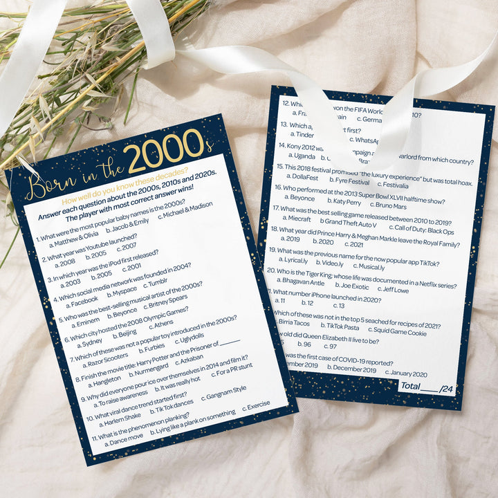 Born in The 2000s: Navy Blue & Gold - Adult Birthday - Party Game Bundle - 3 Games for 20 Guests