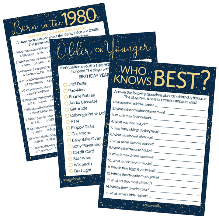Born in The 1980s: Navy Blue & Gold - Adult Birthday - Party Game Bundle - 3 Games for 20 Guests