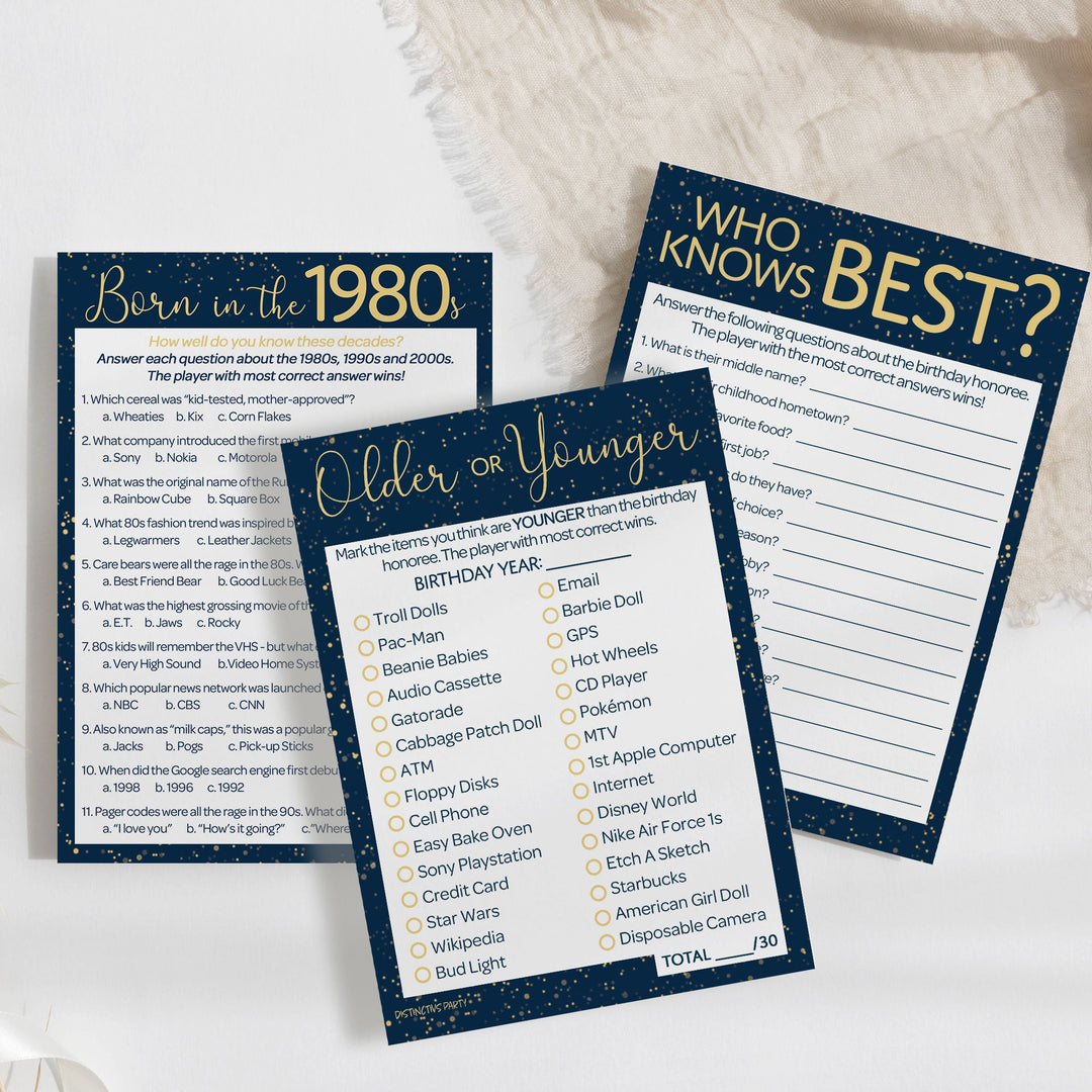 Born in The 1980s: Navy Blue & Gold - Adult Birthday - Party Game Bundle - 3 Games for 20 Guests