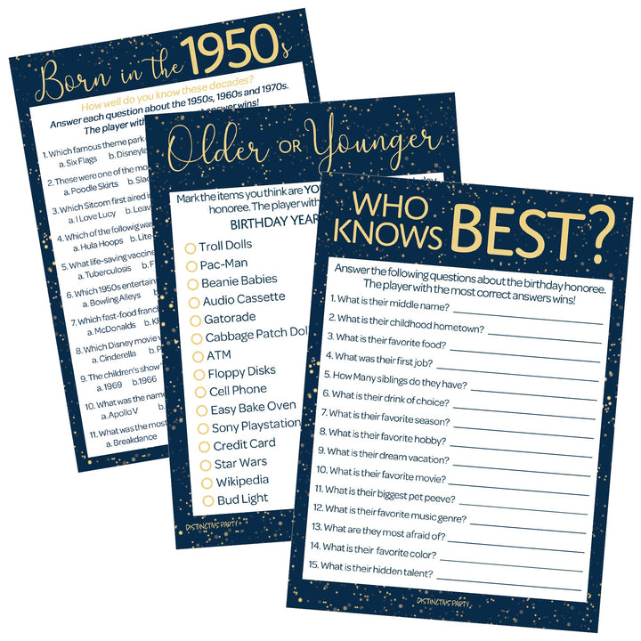 Born in The 1950s: Navy Blue & Gold - Adult Birthday - Party Game Bundle - 3 Games for 20 Guests