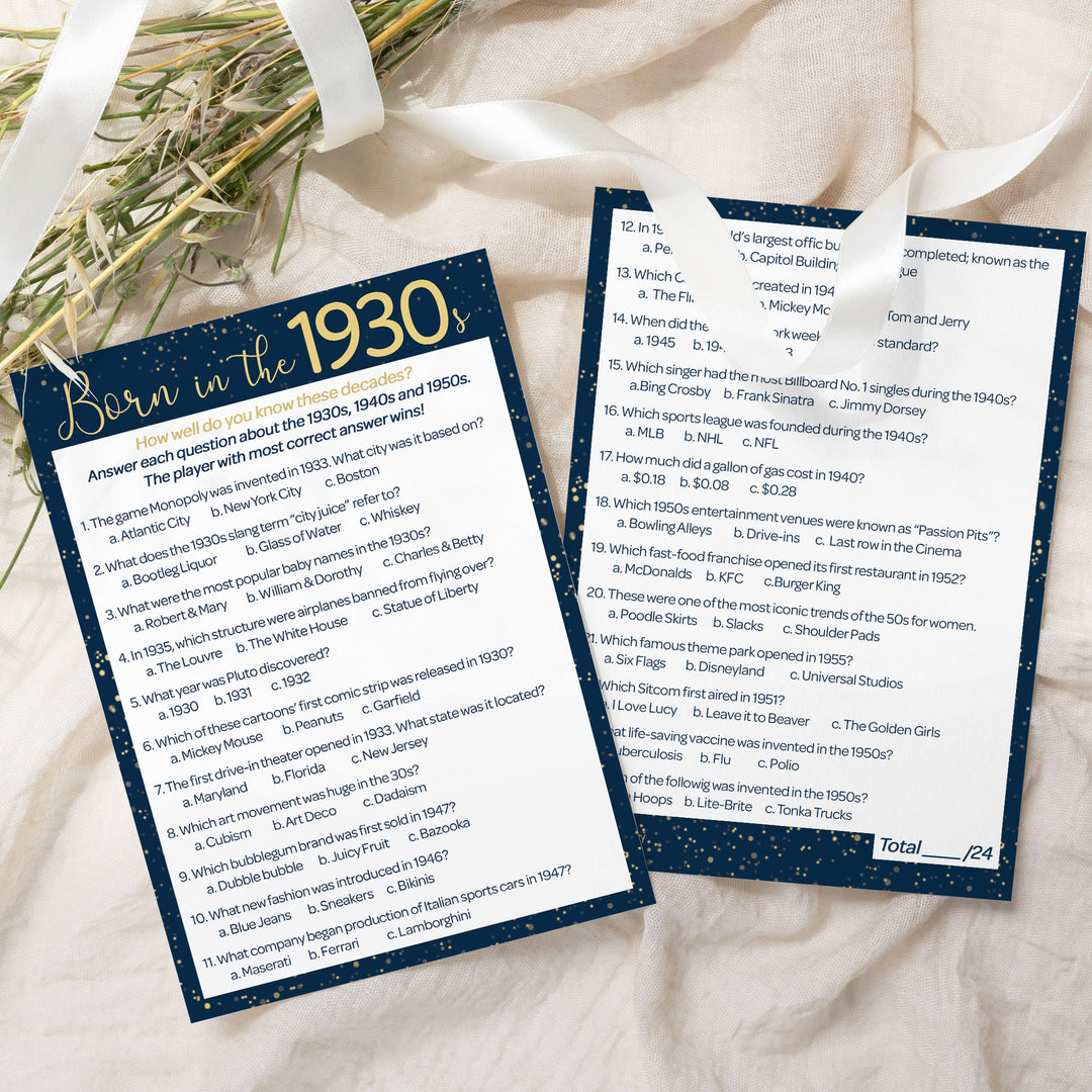 Born in The 1930s: Navy Blue & Gold - Adult Birthday - Party Game Bundle - 3 Games for 20 Guests