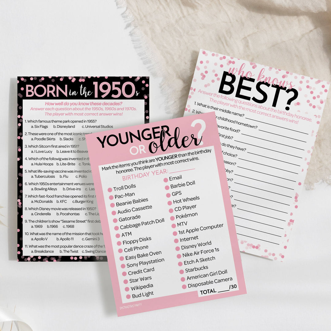 Born in The 1950s Pink & Black - Adult Birthday - Party Game Bundle - 3 Games for 20 Guests