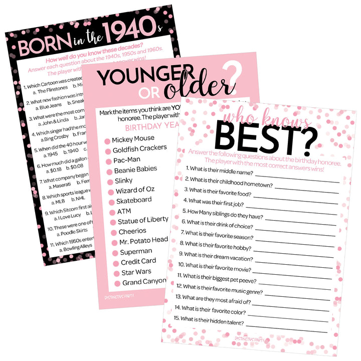 Born in The 1940s Pink & Black Birthday - Adult Birthday - Party Game Bundle - 3 Games for 20 Guests