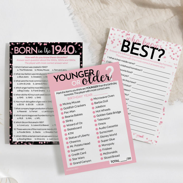 Born in The 1940s Pink & Black Birthday - Adult Birthday - Party Game Bundle - 3 Games for 20 Guests