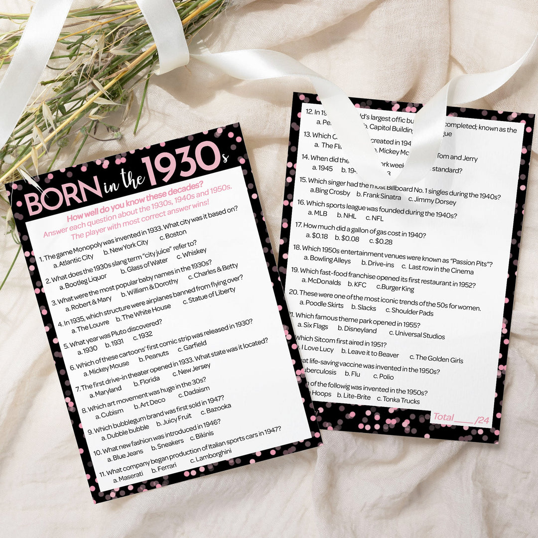 Born in The 1930s Pink & Black - Adult Birthday - Party Game Bundle - 3 Games for 20 Guests