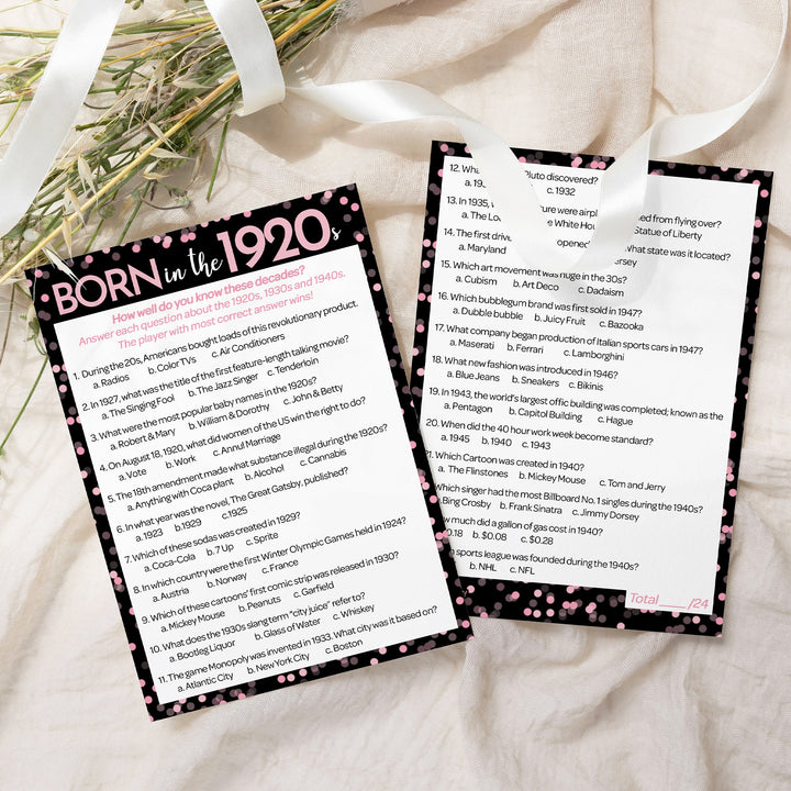 Born in The 1920s Pink & Black - Adult Birthday - Party Game Bundle - 3 Games for 20 Guests