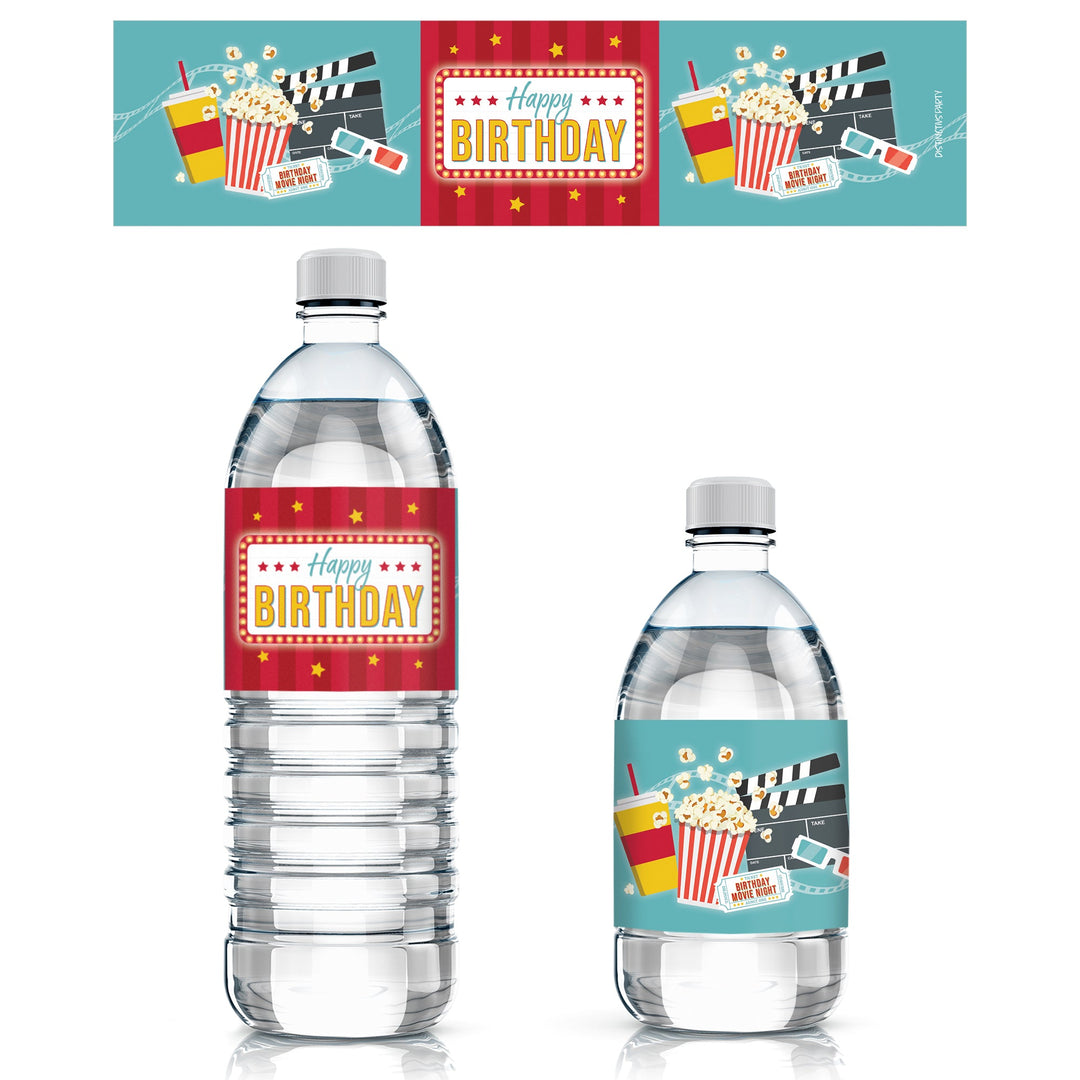 Noche de cine: Cumpleaños infantil - Etiquetas adhesivas para botellas de agua - Impermeables - 24 pegatinas impermeables