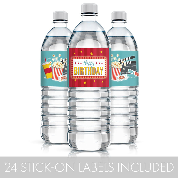 Noche de cine: Cumpleaños infantil - Etiquetas adhesivas para botellas de agua - Impermeables - 24 pegatinas impermeables