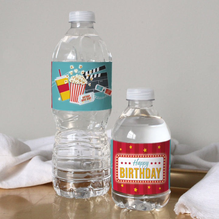 Movie Night: Kid's Birthday - Water Bottle Label Stickers - Waterproof - 24 Waterproof Stickers