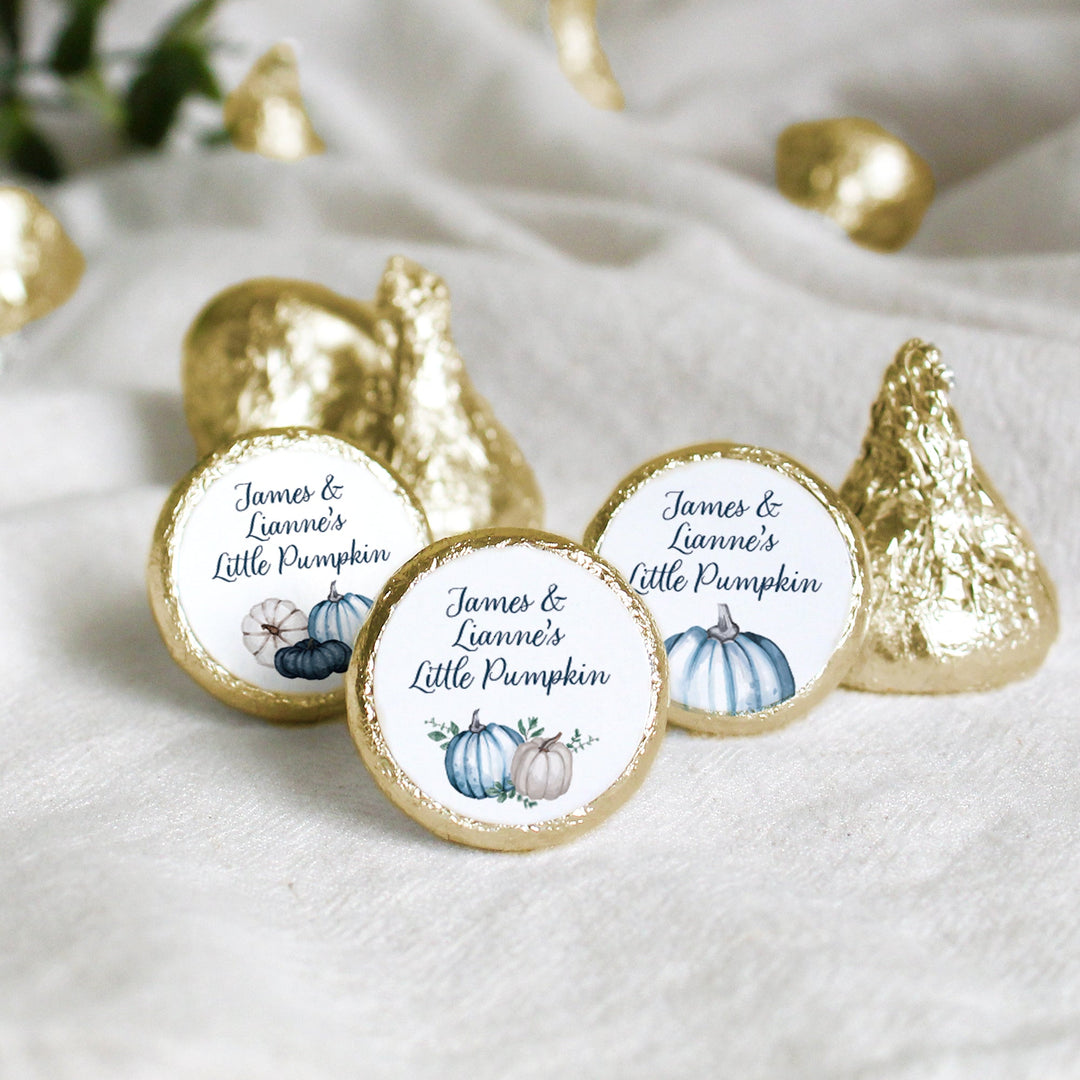 Personalized Little Pumpkin: Blue -  Baby Shower, First Birthday  - Stickers - Fits on Hershey's Kisses  - Fall, Boy - 180 Stickers