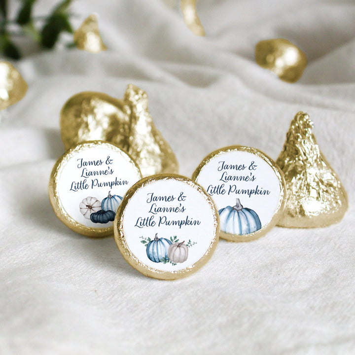 Personalized Little Pumpkin: Blue -  Baby Shower, First Birthday  - Stickers - Fits on Hershey's Kisses  - Fall, Boy - 180 Stickers