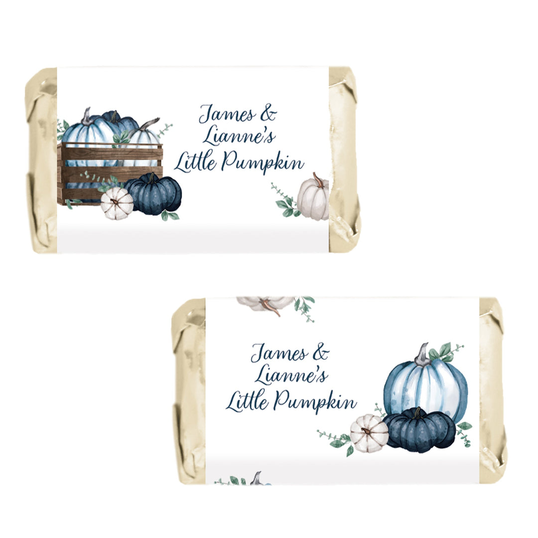 Personalized Little Pumpkin: Blue  -  Baby Shower, First Birthday  - Hershey's Miniatures Candy Bar Wrappers Stickers  - Fall, Boy - 45 Stickers
