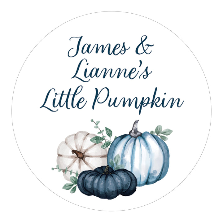 Personalized Little Pumpkin: Blue -  Baby Shower, First Birthday  - Circle Label Stickers  - Fall, Boy - 40 Stickers