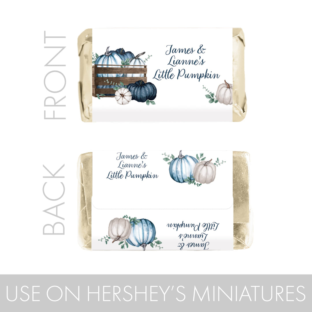 Personalized Little Pumpkin: Blue  -  Baby Shower, First Birthday  - Hershey's Miniatures Candy Bar Wrappers Stickers  - Fall, Boy - 45 Stickers