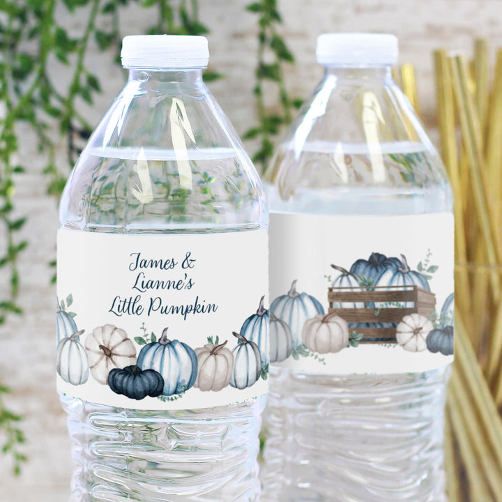 Personalized Little Pumpkin: Blue - Baby Shower, First Birthday - Water Bottle Label Stickers - Waterproof - Fall, Boy -  24 Stickers