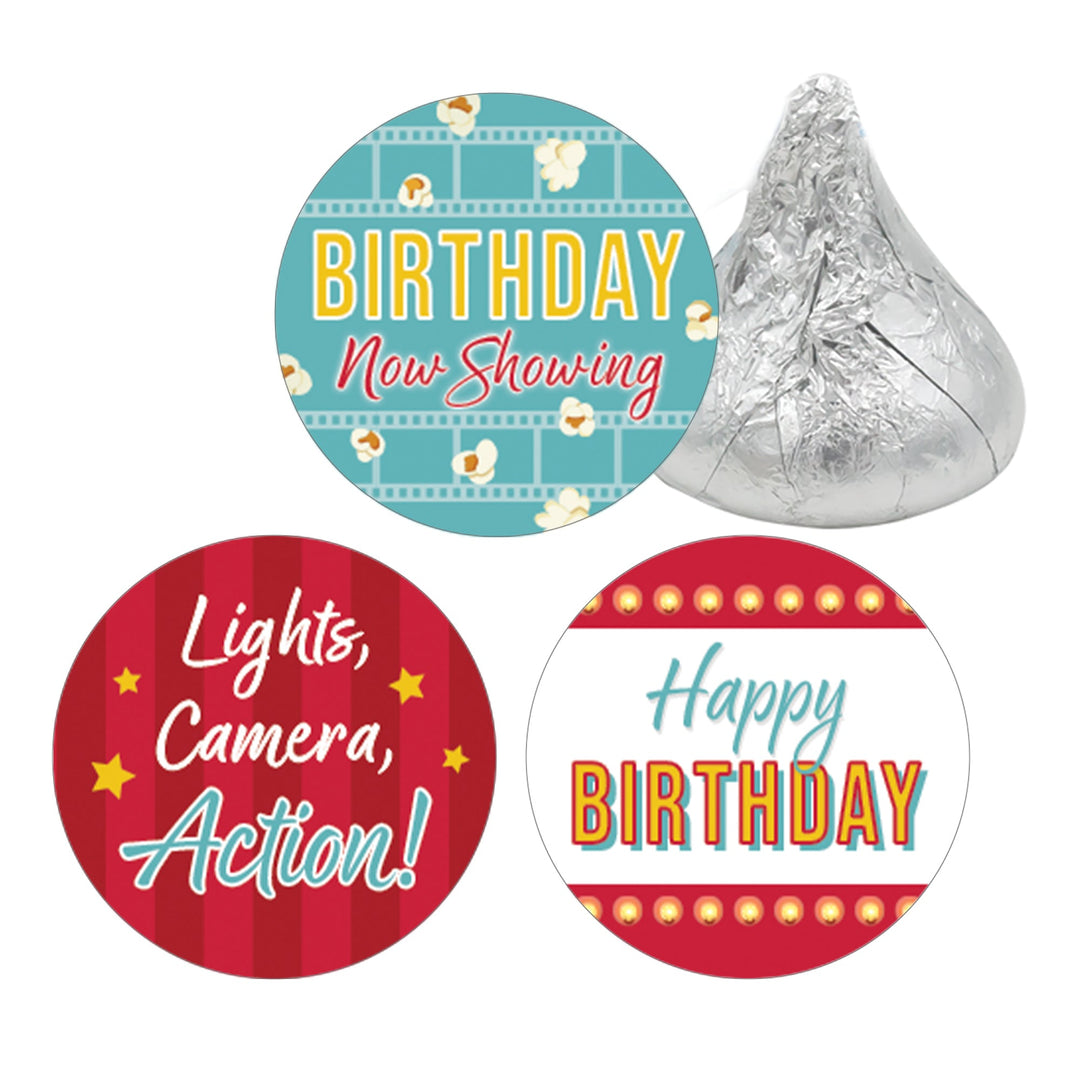 Noche de cine: Cumpleaños infantil - Pegatinas para regalos de fiesta - Se adapta a Hershey's Kisses - 180 pegatinas