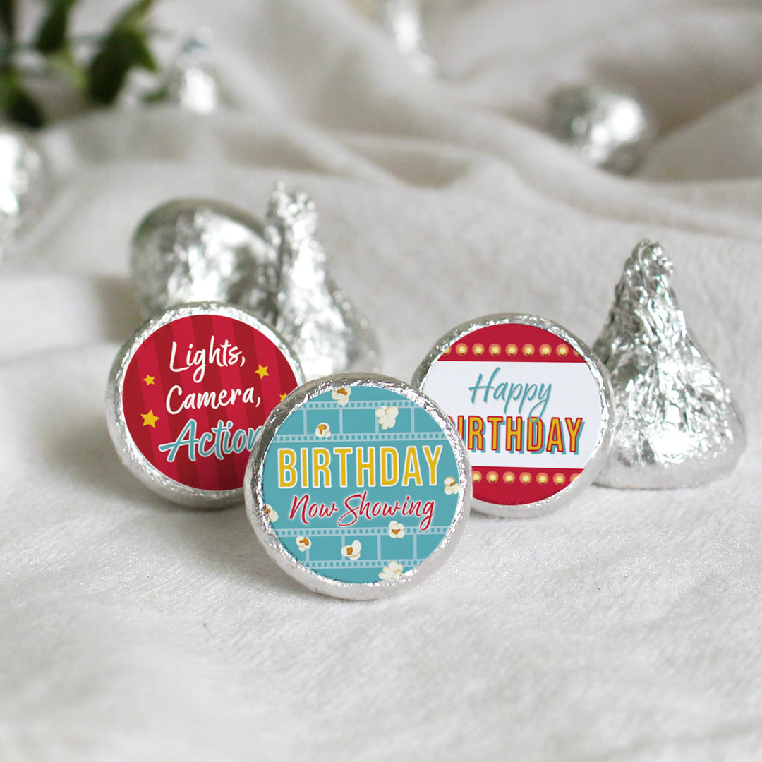Movie Night: Kid's Birthday - Party Favor Stickers- Fits on Hershey's Kisses - 180 Stickers