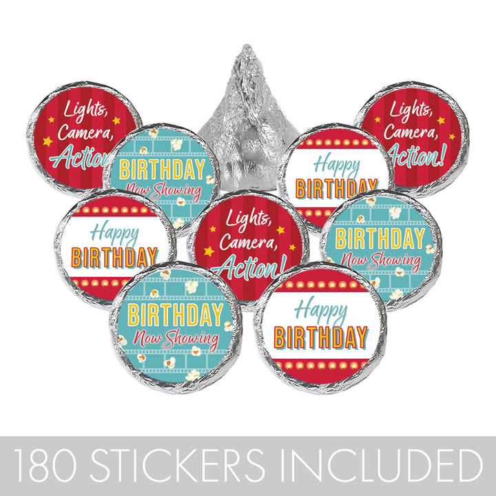 Movie Night: Kid's Birthday - Party Favor Stickers- Fits on Hershey's Kisses - 180 Stickers