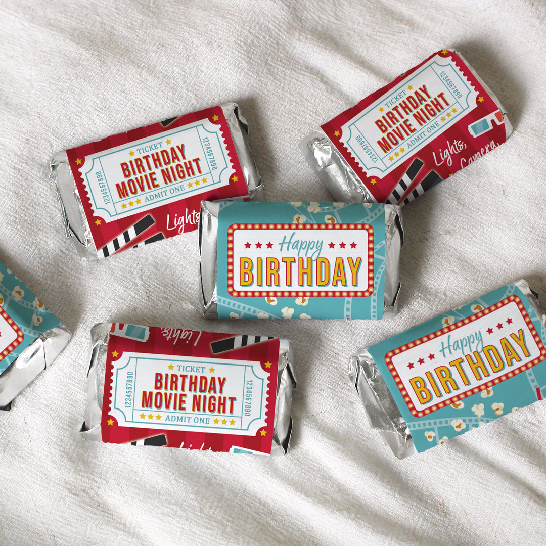 Noche de cine: cumpleaños infantil - Pegatinas para envoltorios de barra de caramelos en miniatura de Hershey's - 45 pegatinas
