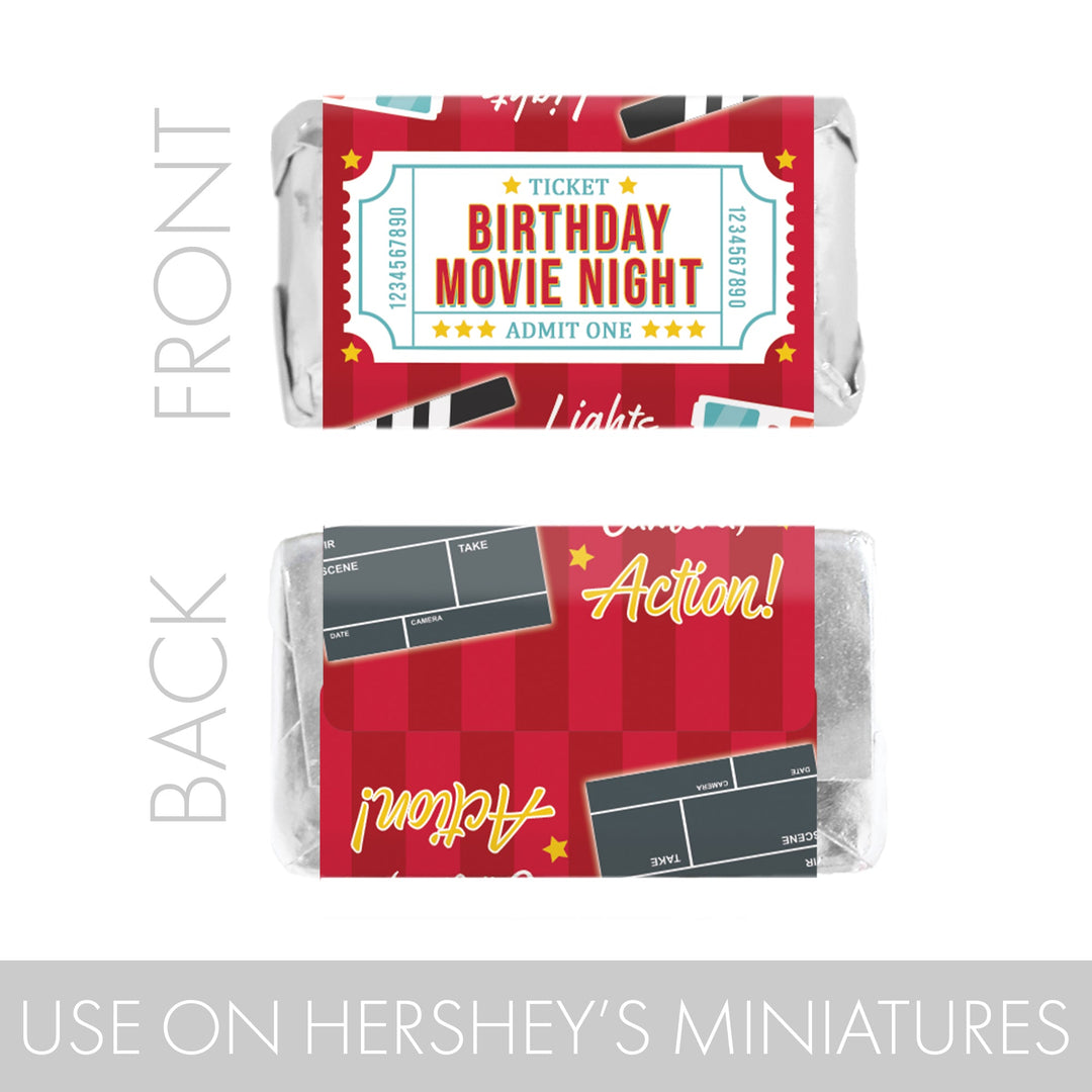 Noche de cine: cumpleaños infantil - Pegatinas para envoltorios de barra de caramelos en miniatura de Hershey's - 45 pegatinas