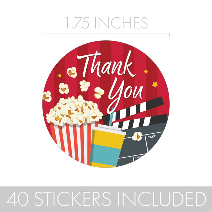 Noche de cine: Cumpleaños infantil - Etiquetas adhesivas circulares de agradecimiento - 40 pegatinas