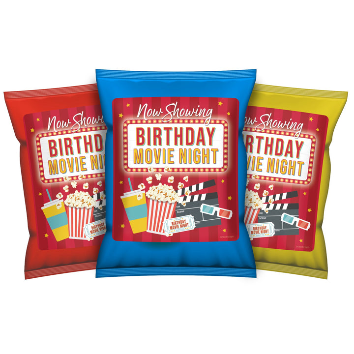 Noche de cine: cumpleaños infantil - Pegatinas para bolsas de patatas fritas, palomitas de maíz o bolsas de refrigerios - 32 pegatinas