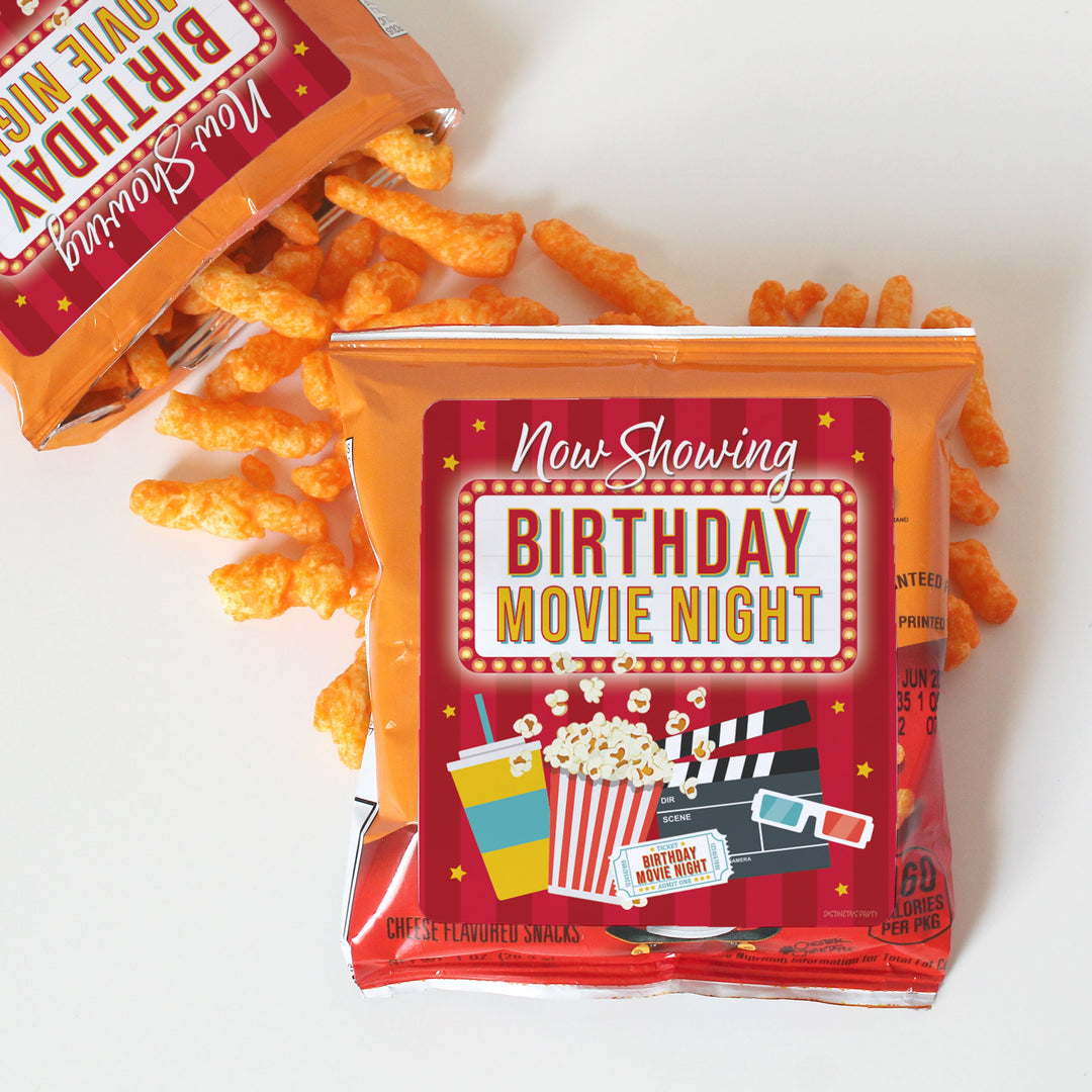 Noche de cine: cumpleaños infantil - Pegatinas para bolsas de patatas fritas, palomitas de maíz o bolsas de refrigerios - 32 pegatinas