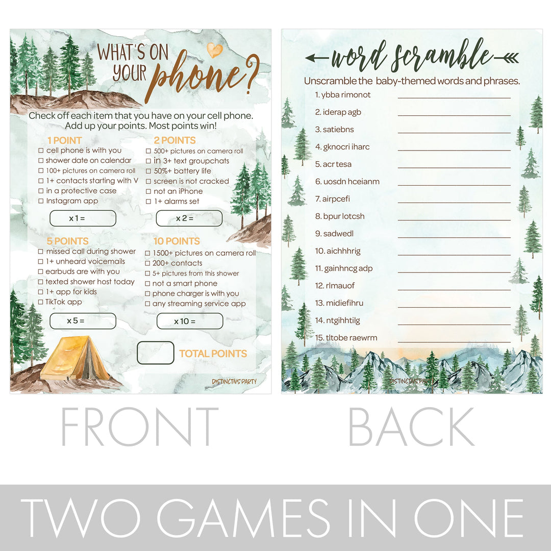 Little Adventurer: Baby Shower Game -What's On Your Phone and Word Scramble -Two Game Bundle - 20 Dual Sided Cards