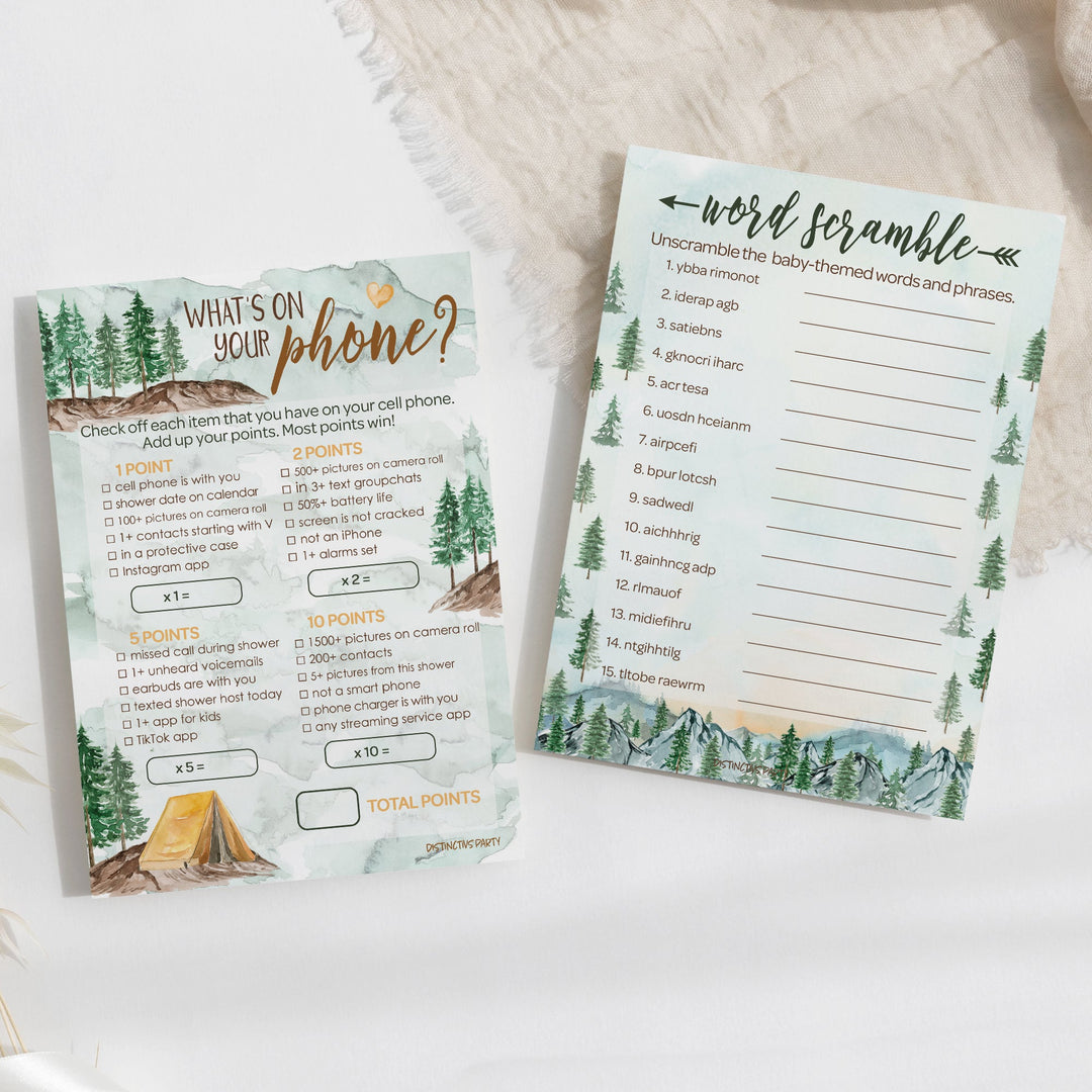 Little Adventurer: Baby Shower Game -What's On Your Phone and Word Scramble -Two Game Bundle - 20 Dual Sided Cards