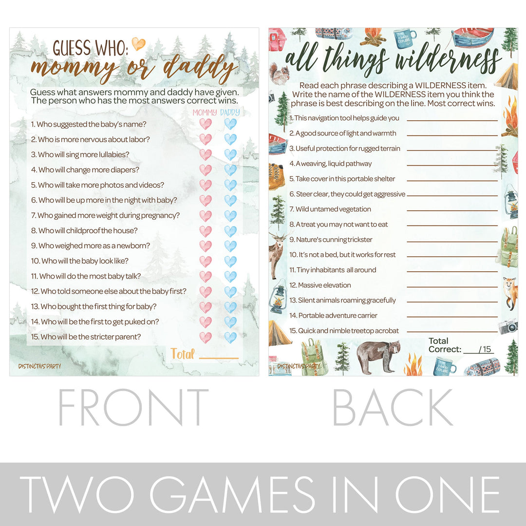 Little Adventurer: Baby Shower Game - "Guess Who" Mommy or Daddy and All Things Wilderness - Two Game Bundle - 20 Dual Sided Cards