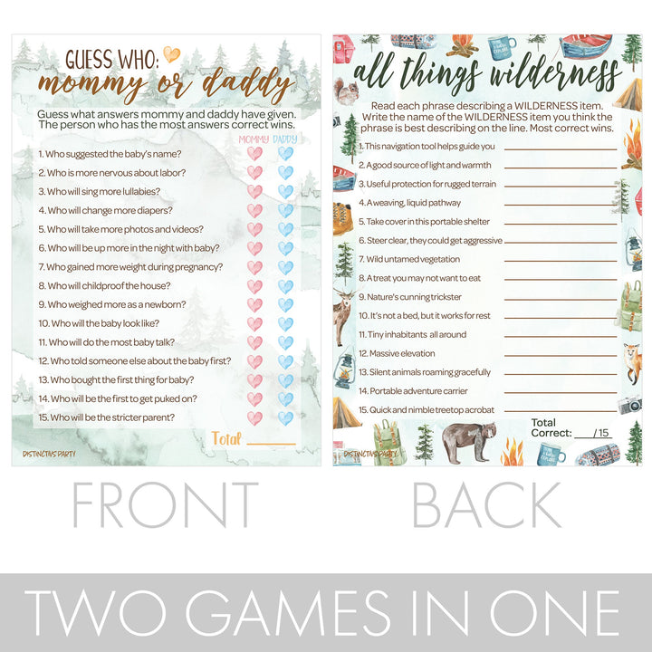 Little Adventurer: Baby Shower Game - "Guess Who" Mommy or Daddy and All Things Wilderness - Paquete de dos juegos - 20 tarjetas de doble cara