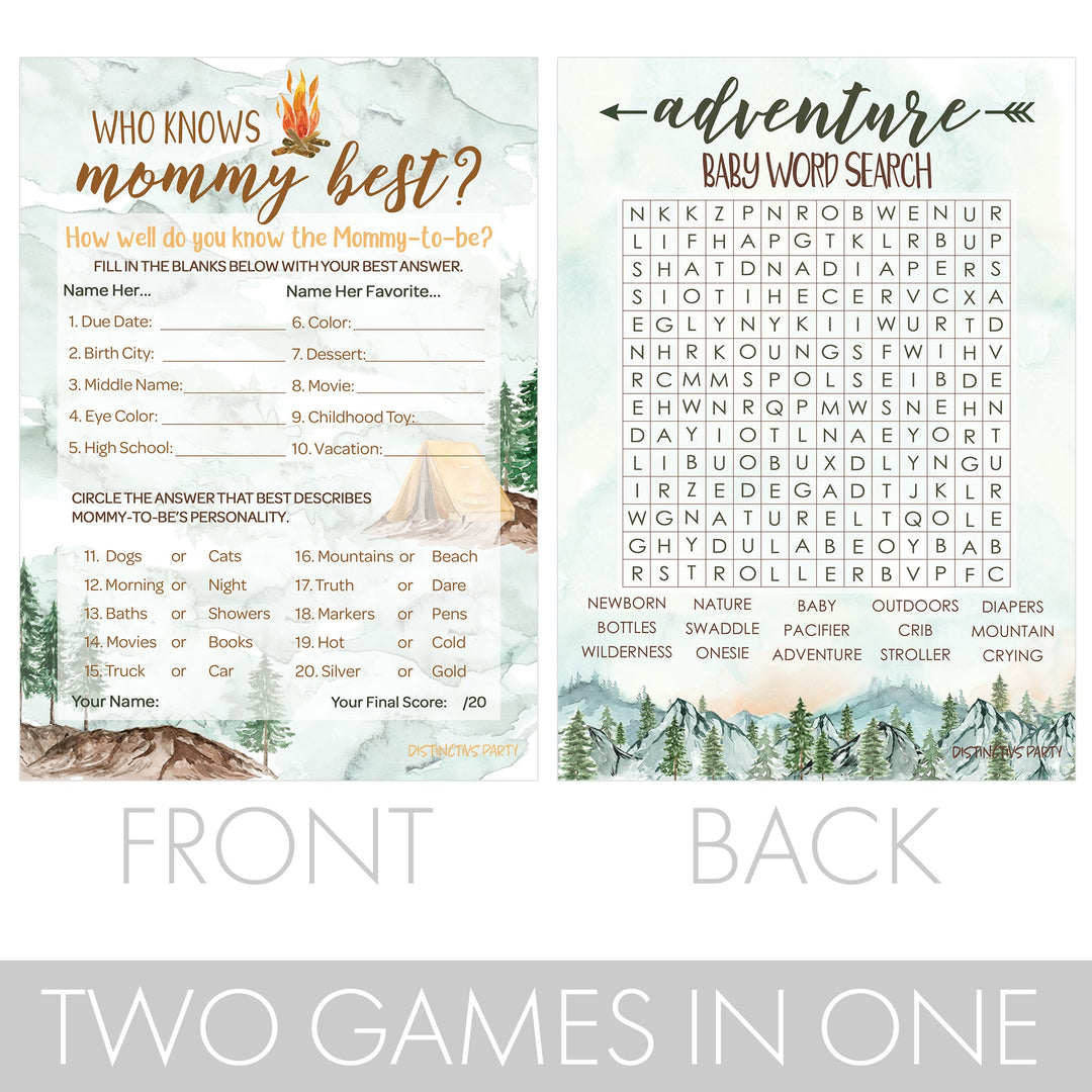 Little Adventurer: Baby Shower Game - Word Search and Who Knows Mommy Best - Two Game Bundle - 20 Dual Sided Cards