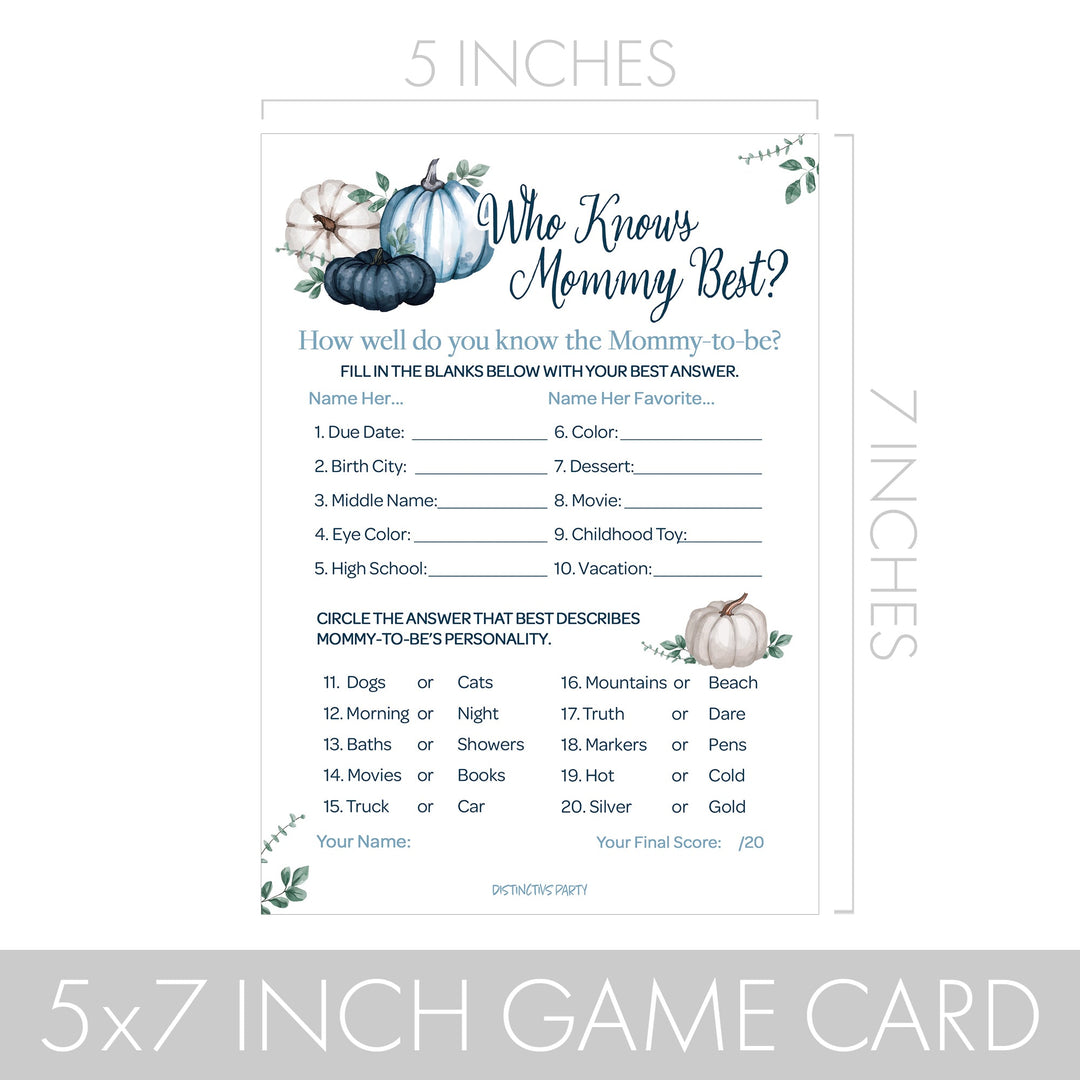 Little Pumpkin: Blue - Baby Shower Game Bundle - Word Search and Who Knows Mommy Best - 2 Sided Game  - Fall, Boy - 20 Cards