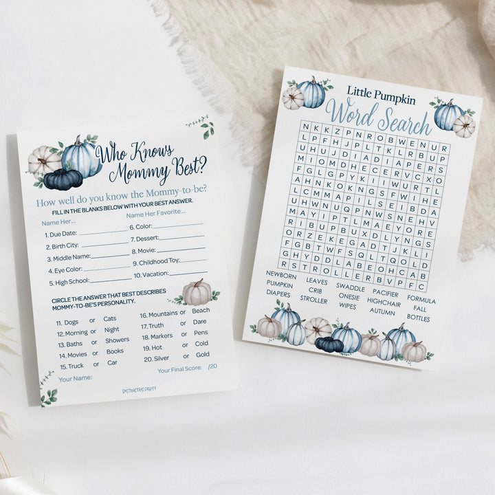 Little Pumpkin: Blue - Baby Shower Game Bundle - Word Search and Who Knows Mommy Best - 2 Sided Game  - Fall, Boy - 20 Cards