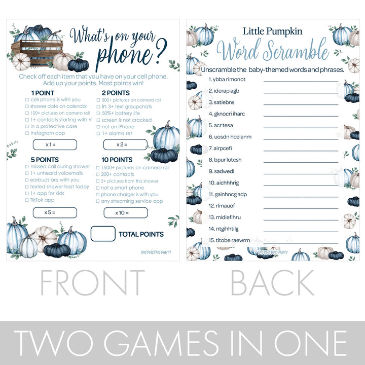 Little Pumpkin: Blue - Baby Shower Game Bundle - What's On Your Phone and Word Scramble - 2 Sided Game  - Fall, Boy - 20 Cards