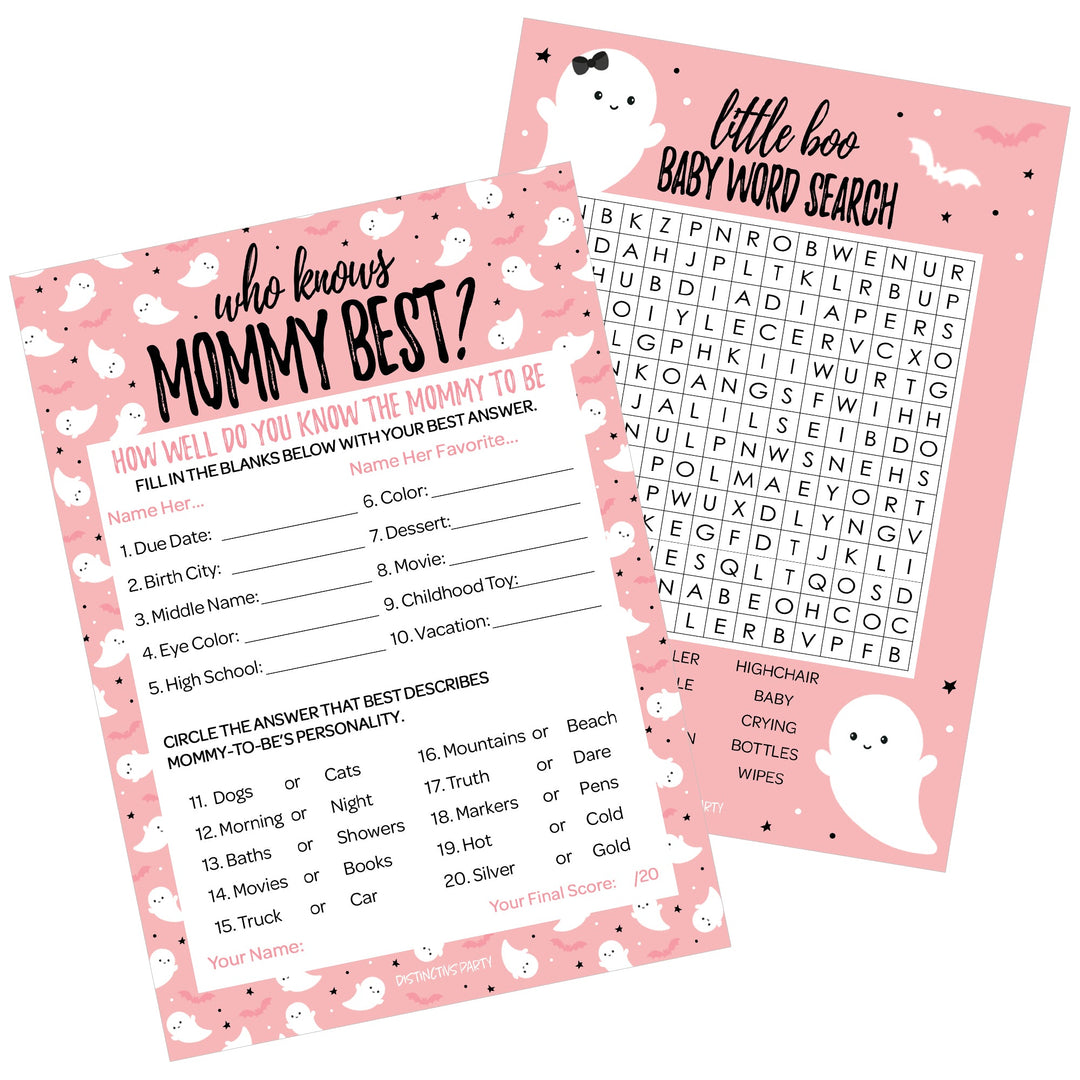 Little Boo: Pink - Juego de baby shower - Búsqueda de palabras y quién conoce mejor a mamá - Paquete de dos juegos - 20 tarjetas de doble cara