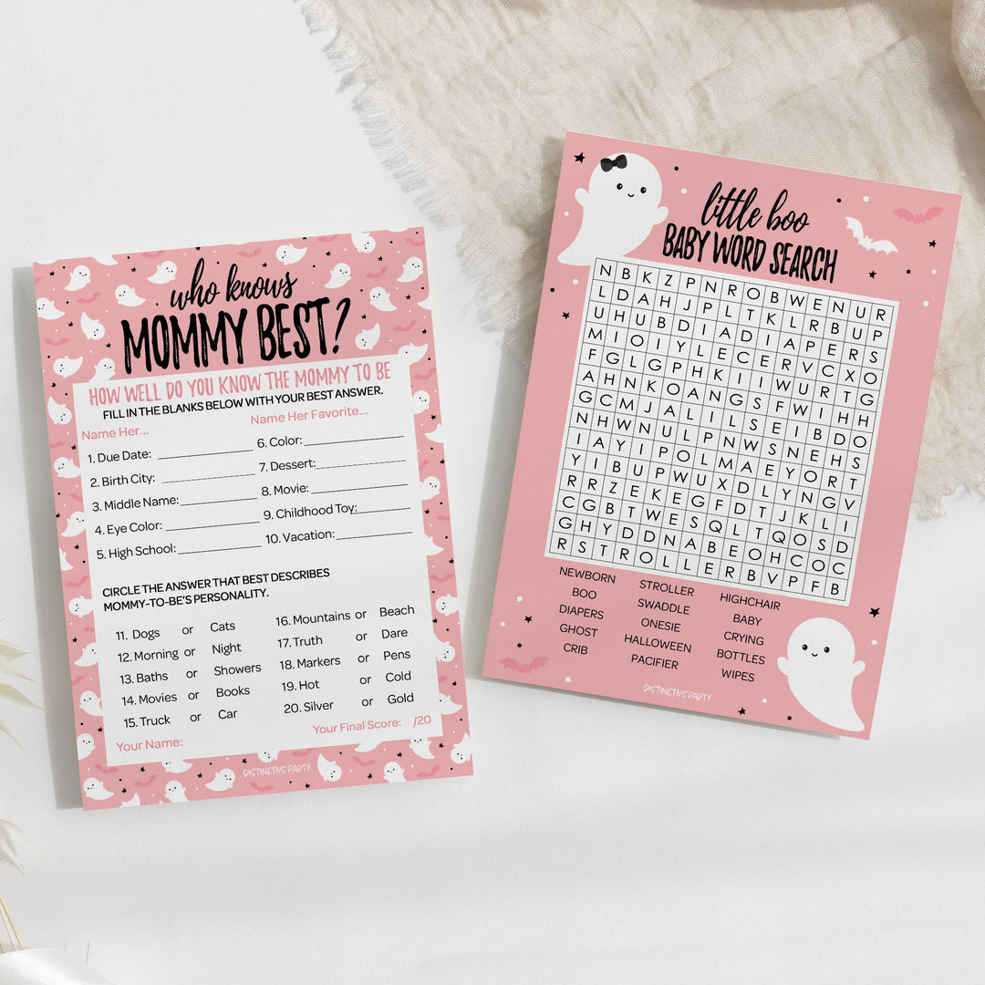 Little Boo: Pink - Baby Shower Game  - Word Search and Who Knows Mommy Best - Two Game Bundle - 20 Dual Sided Cards