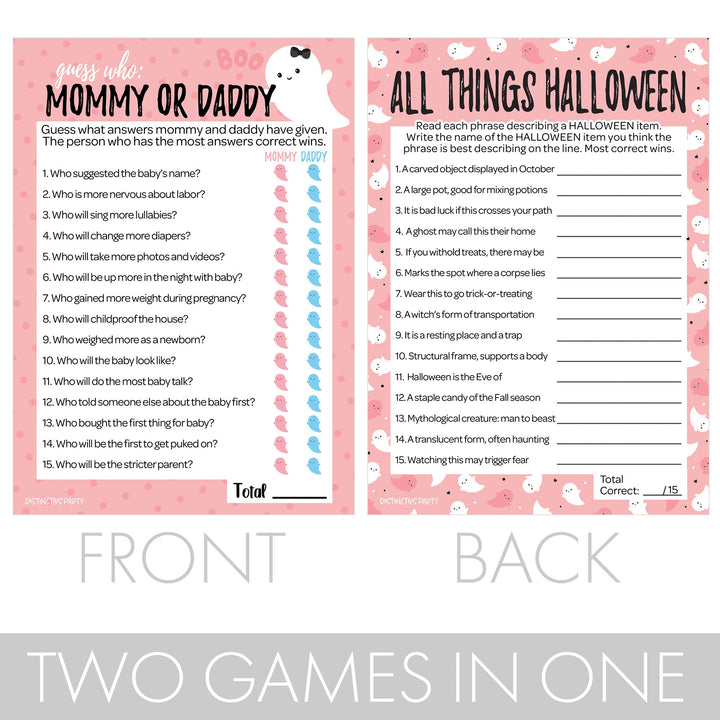 Little Boo: Pink - Baby Shower Game - "Guess Who" Mommy or Daddy and All Things Halloween - Two Game Bundle - 20 Dual Sided Cards