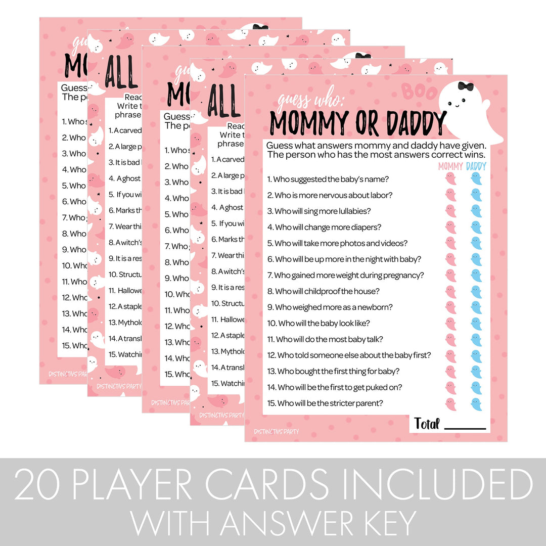 Little Boo: Pink - Baby Shower Game - "Guess Who" Mommy or Daddy and All Things Halloween - Two Game Bundle - 20 Dual Sided Cards
